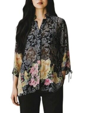 Citron Santa Monica Black Sheer Floral Silk Blend Button-Front Tunic Size PM